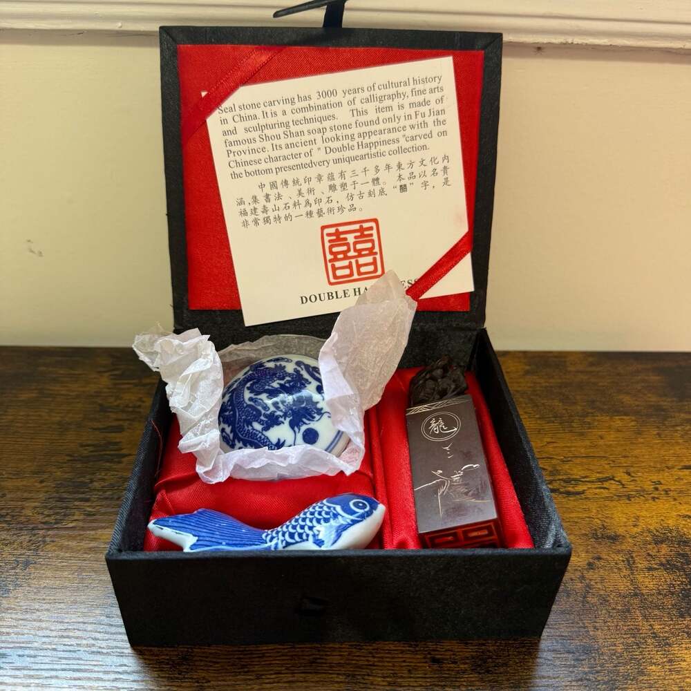 Double Happiness Collection Chinese Shou Shan Soapstone Dragon Seal & Ink Set